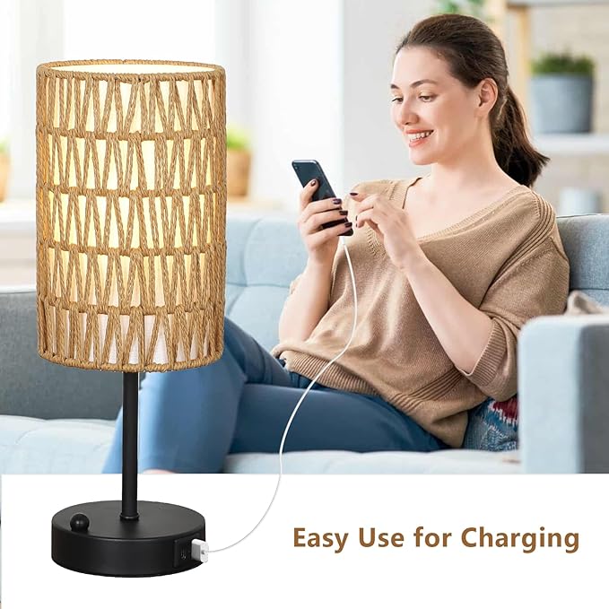 Touch Table Lamp For Bedroom with Bulb, Boho Small Desk Lamp For Living Room With Rattan & Linen Shade, 3 Way Dimmable Bedside Table Lamp For Nightstand With USB Charging Port & Phone Stand For Office