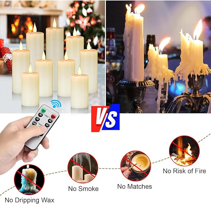 Nancia Flameless Battery Operated Flicking Candles:9PACK Remote Control Realistic Wax Pillar LED Candle with 10-Key Cycling 24 Hours Timer for Home Decoration Wedding Birthday Party Ivory