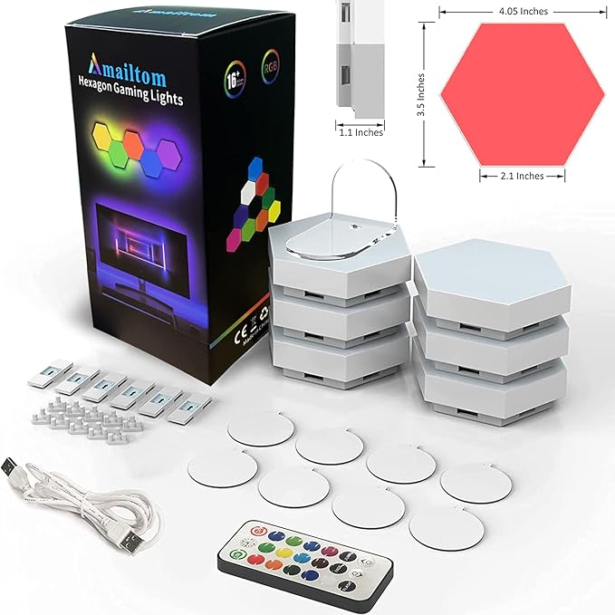 Hexagon Gaming Lights Remote Controlled, RGB LED Wall Lights Touch-Sensitive DIY Geometric Modular Light Panels with Stand, Infinitely Splicing for Gaming Living Room Bedroom TV Decor, 7 Pack