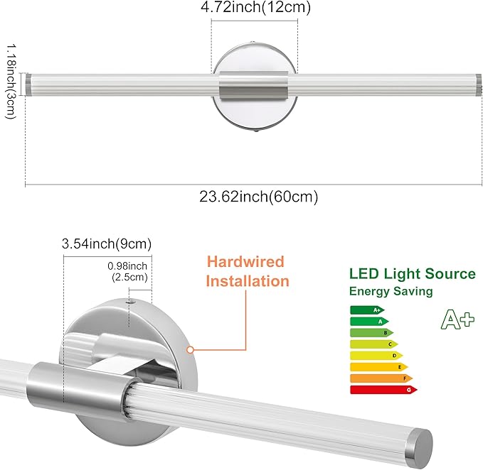 Bathroom Vanity Lights Chrome Dimmable LED 360° Full Lighting Bathroom Light Fixtures Over Mirror 24 inch Vanity Light Bar Hardwired Modern Wall Sconce 4000K Light for Bedroom Living Room