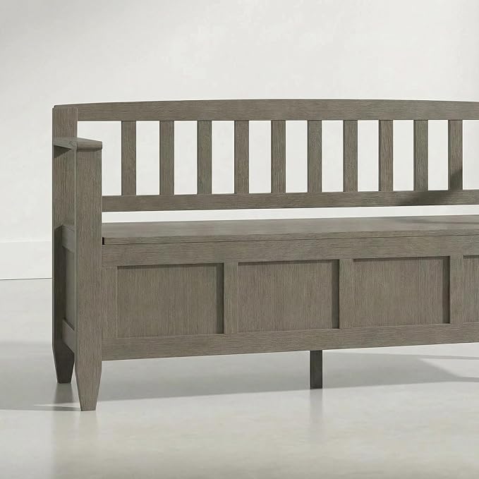 SIMPLIHOME Brooklyn Entryway Storage Bench - 48 inch Wide Solid Wood Storage Seat in Aged Grey, Contemporary Bench for Entryway or Living Room with Lift-Up Lid and Slatted Backrest