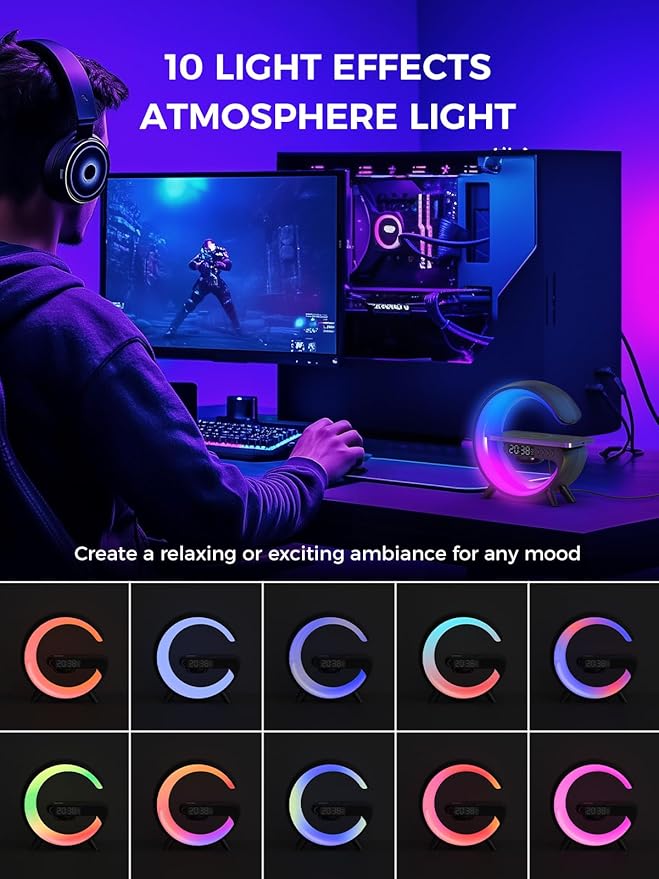 Smiling Shark Wake Up Light, Atmosphere Desk Light with 15W Wireless Charger & Bluetooth Speaker Button Control 10 Lights Mode Sunrise Simulation Alarm Clock Smart Light for Home Decor Bedroom