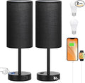 17.4inches Tall Black Touch Table Lamps Set - 3 Way Dimmable Bedside Lamps with USB C and A Ports, Small Lamps for Nightstand with AC Outlet, Round Flaxen Shade for Desk, Office, Dorm, Nursery