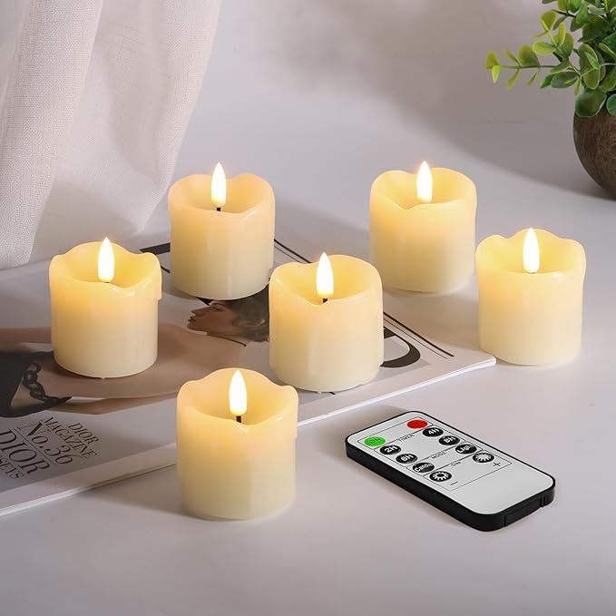 Eywamage Ivory Dripping Wax Flameless Votive Candles with Remote Batteries, 2x2 in Small Flickering LED Pillar Candles Set of 6