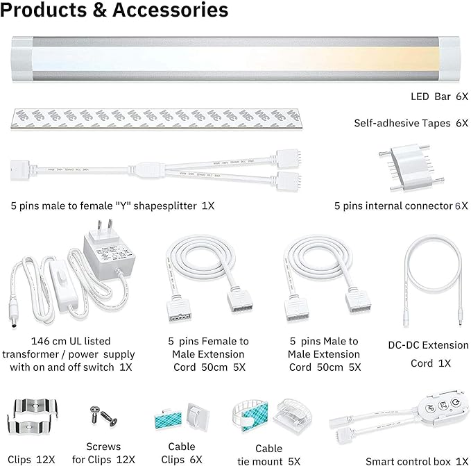 Smart Under Cabinet Lighting App, Alexa & Google Compatible Cabinet Lights – Linkable with Timer Under Counter Lights Fixtures for Kitchen, Book Shelf, Show Case (6 Lights Bar Kit)