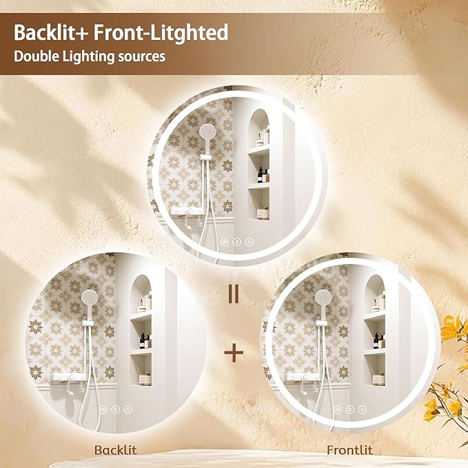 Led Bathroom Mirror with Lights, Anti-Fog & Tri-Color Lighting - Wall Mounted Shaving Mirror with Touch Sensor, Waterproof Smart LED Vanity Mirror Tempered Glass Dimmable (24" L x 24" W)