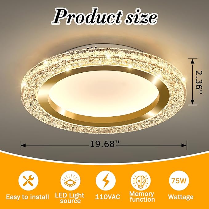 UOFUS 19.68inch Large Gold Flush Mount Ceiling Light 75W Modern Round LED Ceiling Light Fixture 3000K-6000K Super Bright Circle Ceiling Lamp for Living Room Dining Room Bedroom Kitchen Bathroom