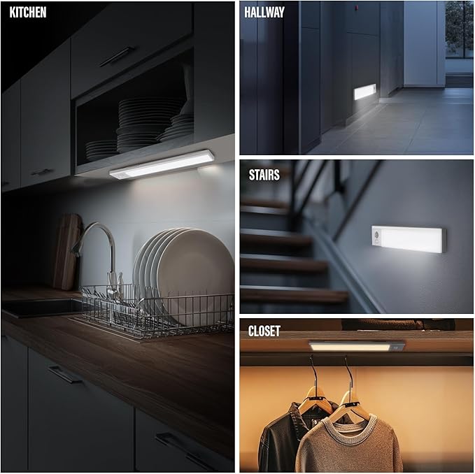 2 Pack Under Cabinet Lighting, 3 Colors & Dimmable Motion Sensor Light Indoor, 900mAh Rechargeable Under Cabinet Lighting Magnetic for Kitchen, Stairs, Closets, White(ABS+PC)