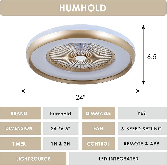 24" Bladeless Ceiling Fan with Light Remote, Smart LED Ceiling Fans with App Control, Modern Low Profile Dimmable Light Ceiling Fan for Bedroom Living Room Gold
