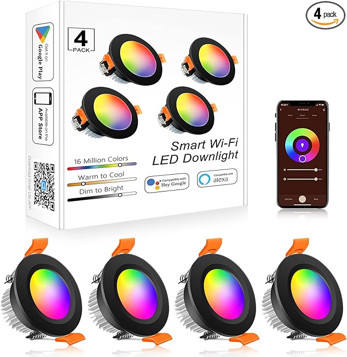 YGS-Tech Smart 2 Inch Recessed Lighting, WiFi LED Downlight 5W 120V, Compatible with Alexa and Google Home, Dimmable RGB & CCT 2700-6500K, Black Trim, LED Ceiling Light with Driver (4 Pack)