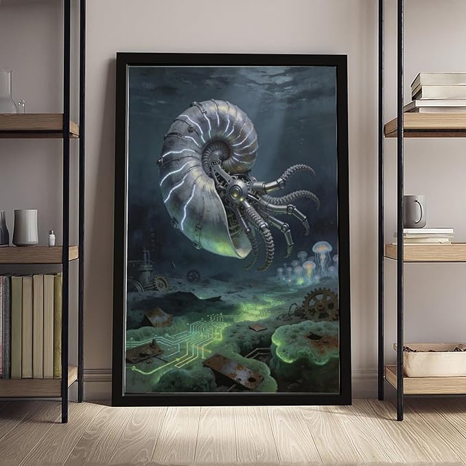 Framed Steampunk Mechanical Nautilus Wall Art - Underwater Industrial Poster for Man Cave Studio Decor 24x36in