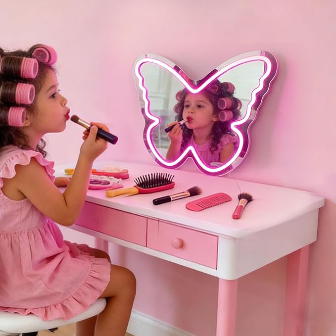 Butterfly Neon Sign with Mirror Backing - Dimmable LED Mirror Wall Decor for Girl's Bedroom, 16x12 Inch Glowing Pink Butterfly Vanity Mirror with Lights, USB Powered Kids Room Gift