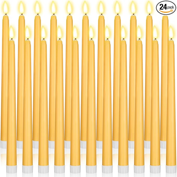 Macarrie 24 Packs Flameless Taper Candles Battery Operated Fake 11 Inch Long Candlelight LED Flameless Candlesticks Flickering Tapered for Spring Summer Wedding(Yellow)