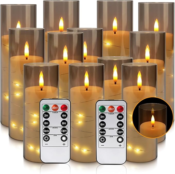 Flickering Flameless Candles Battery Operated with Remote,Led Pillar Candles with Realistic Moving Wick Candles for Halloween,Christmas,Home Decor Pack of 12 (D2.2 xH 5" 6" 7")(Grey)