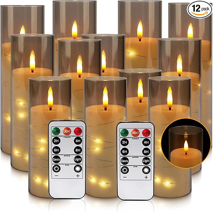 12-Pack Gray Acrylic Flameless LED Candles with Embedded String Lights - Remote Control for Holiday & Home Decor,Weeding.