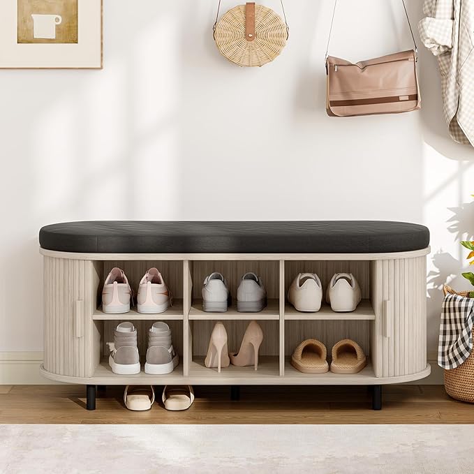 ONBRILL 43" Shoe Bench with Storage, Fluted Shoe Storage Bench with Cushion, Sliding Door and Adjustable Shelf, for Entryway, Hallway, Living Room, Natural White