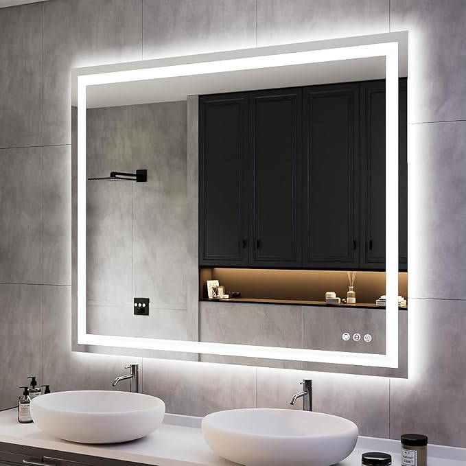 ISKM 48'' x 40'' LED Mirror for Bathroom Lighted Vanity Mirror for Wall Front Lights + Backlit LED Bathroom Mirror Anti-Fog Tempered Glass ETL Listed