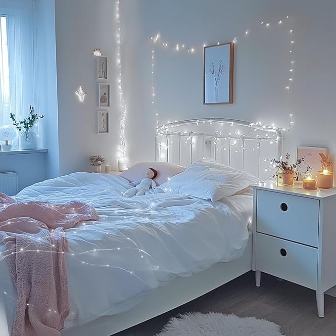 JMEXSUSS 4 Pack 50 LED Fairy Lights Battery Operated, 16.1ft White Fairy Lights for Bedroom, Silver Wire Twinkle String Lights Indoor for Party Wedding Birthday Decorations