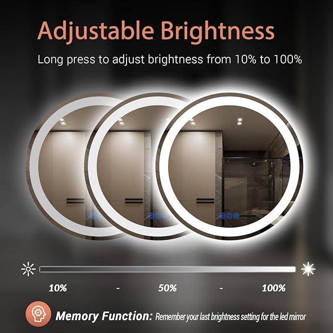 24” Circle LED Bathroom Mirror Round LED Mirror Bathroom Vanity Mirror with Lights Wall-Mounted Front & Backlit,Stepless Dimming,Smart Memory Touch,Anti-Fog,Shatterproof for Modern
