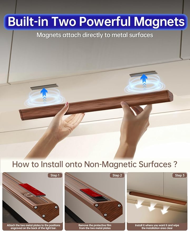 Under cabinet lighting wireless, 2400mAh rechargeable cabinet light, battery operated, magnetic, stick on, 106 LED 3-Color shelf lights, dimmable, with Remote Control(Wood color, 2-Pack 12.2inch)