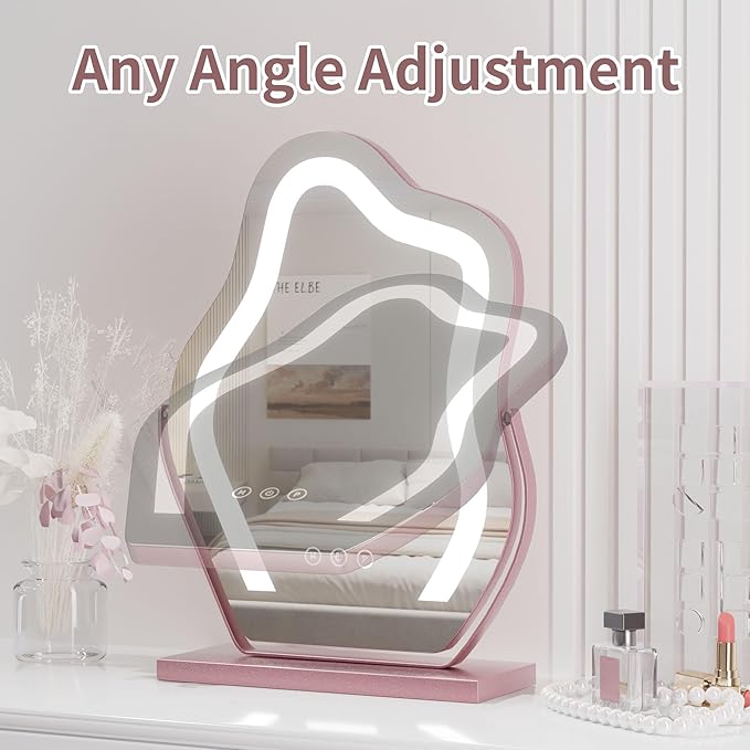 Makeup Mirror with Lights - 17″ Cloud Shaped Smart Touch 3-Color Dimmable 360° Rotation Memory Metal Frame Plug-in AC Power Tabletop Vanity Mirror Gift for Women Teen Girls Rosegold