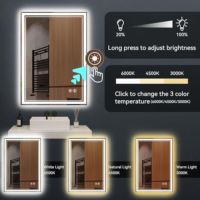 24“ x 36” LED Bathroom Mirror with Lights Front and Backlit Anti-Fog Dimmable 3 Colors LED Mirror for Bathroom Memory Function Smart Mirror Wall Mounted Horizontal/Vertical ETL Listed