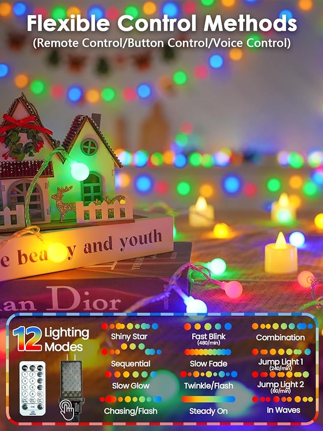 2026 New Connectable 43FT Smart Voice Controlled String Lights Indoor Outdoor | 100LED Multicolor Globe Fairy Lights with Remote, 12 Modes Waterproof Hanging Light for Bedroom Classroom Decorations