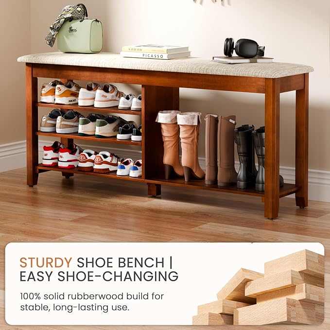 Shoe Bench with Flip-Top Storage, Solid Wood Entryway Bench with Cushion, Adjustable Shelf, Shoe Rack Front Door Entrance Organizer for Hallway, Living Room, Mudroom (Beige, 47.2" L)