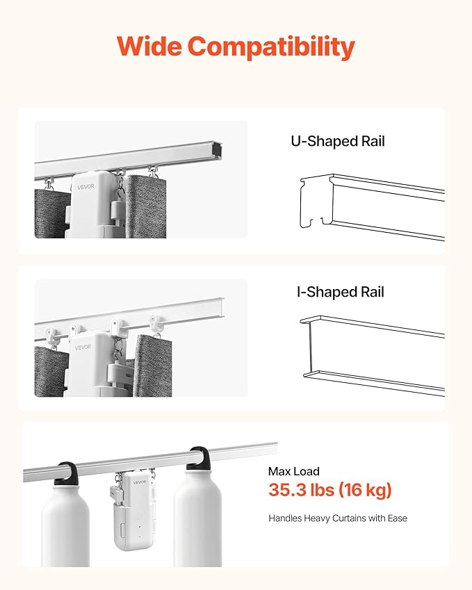 VEVOR Automatic Curtain Opener, APP and Remote Control, Hub Included, Electric Smart Curtain Opener Compatible with Alexa and Google Home, Timed Opening and Closing, for U-shaped/I-shaped Rails