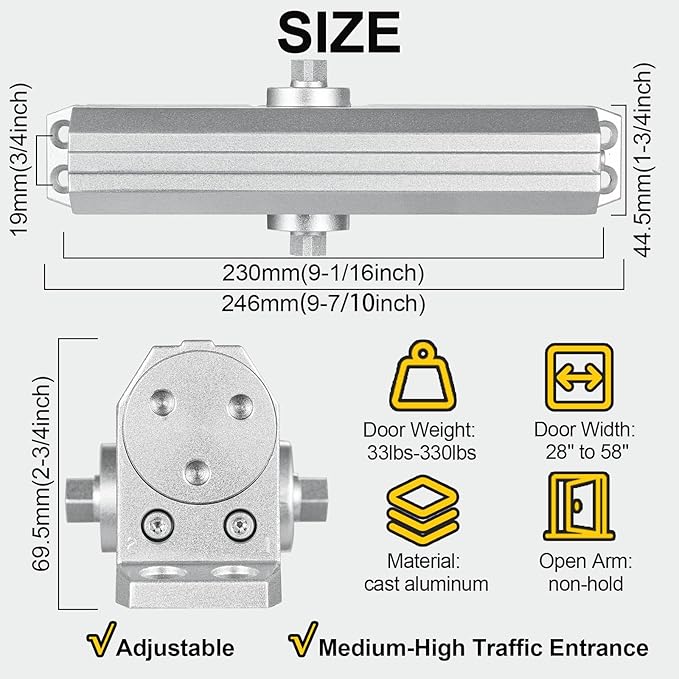 Grade 1 Commercial Door Closer, Heavy Duty Hydraulic Automatic Closer, Cast Aluminum, Self-Closing, Adjustable Size 1-6, UL Listed, ADA Compliant, 3 Mount Types, DC-5