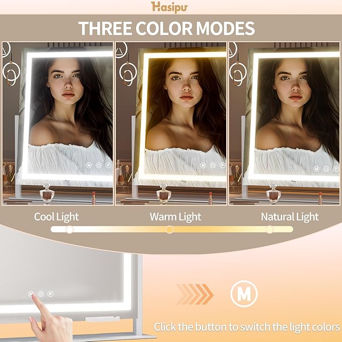 Hasipu Vanity Mirror with Lights, 36" x 24" LED Makeup Mirror, Light up Mirror with 10X Magnification and Phone Holder, USB Charging Port, Smart Touch 3 Colors Dimmable (White)