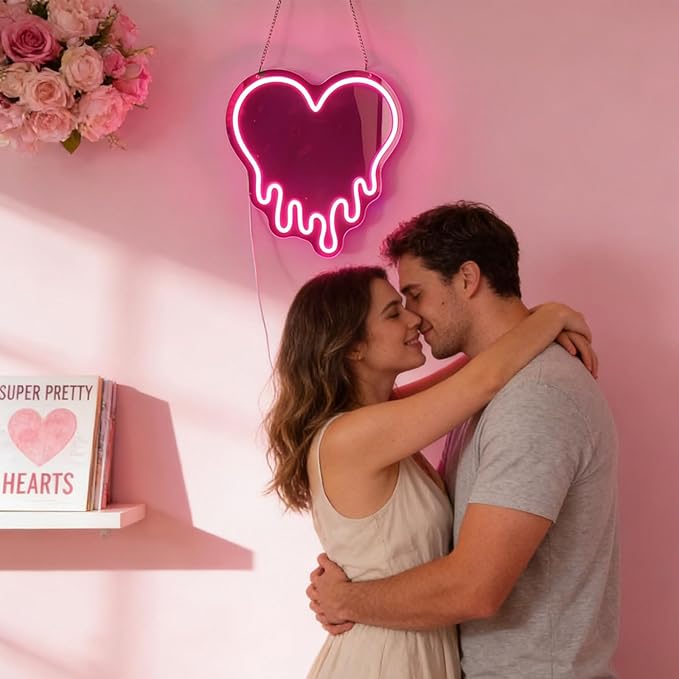 Y2K Pink Heart Neon Sign, Melting Heart Neon Mirror Light, Heart vanity mirror with lights, Love Shaped LED Wall Decor for Bedroom, Girls Room,Studio, Party, Wedding, Gift for Valentine's Day, Birthday, Anniversary