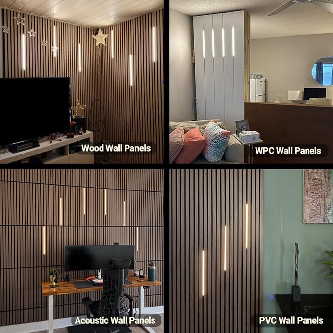 HAMRVL LED Wall Panel Lights - DC12V 6pcs 16-Inch 3000K Warm White Slat Wall Lights for Wood Wall Panels, Adhesive Dimmable LED Strip Lights with Touch Switch for Acoustic Panels, Headboards, Cabinets
