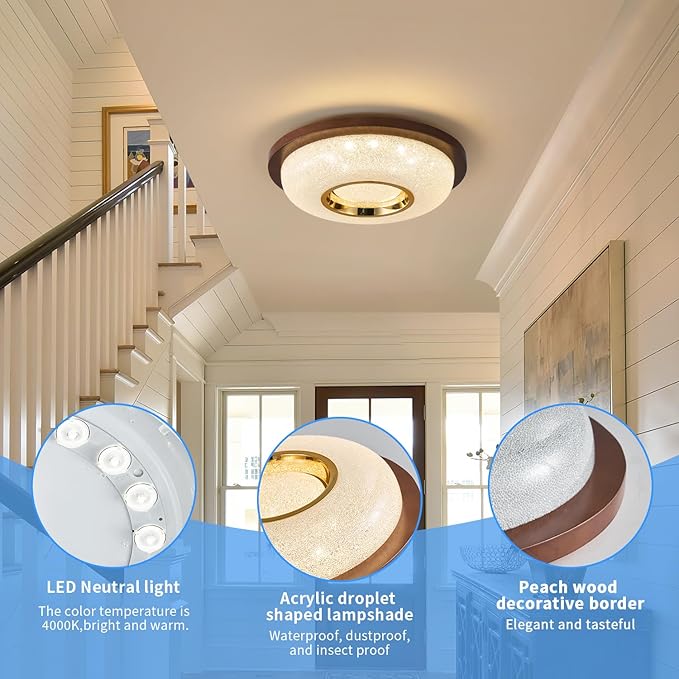 Modern LED Flush Mount Ceiling Light Fixture with Peach Wood Frame Lampshade,Round Ceiling Lights for Bedroom,Hallway and Porch,Farmhouse Ceiling Lamp with 18W 4000K Light Color,12 inch