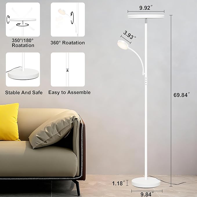 White Floor Lamp,Upgraded 42W/4200LM Bright Floor Lamp,Torchiere Floor Lamps with Reading Light,Modern Dimmable Standing Lamp with Remote,Floor Lamps for Living Room,Bedroom,Office