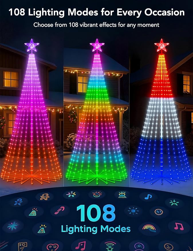 8 FT 340 LED Smart Christmas Trees Clearance Outdoor, Prelit Cone Tree with 16 Million DIY RGB LED Light Show, Lighted Artificial Tree with Remote APP Control Music Sync for Xmas Outdoor Decorations