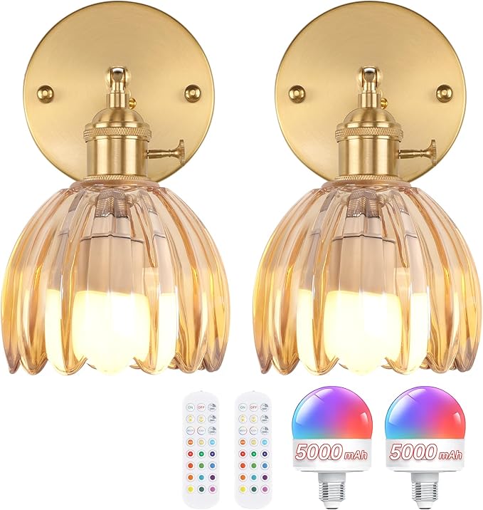 Vintage Battery Operated Wall Sconce with Amber Tulip Glass Lampshade 5000 mAh Rechargeable Battery Powered Wall Light with Remote Control for Bedside Bedroom Doorway, Set of 2