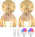 Vintage Battery Operated Wall Sconce with Amber Tulip Glass Lampshade 5000 mAh Rechargeable Battery Powered Wall Light with Remote Control for Bedside Bedroom Doorway, Set of 2