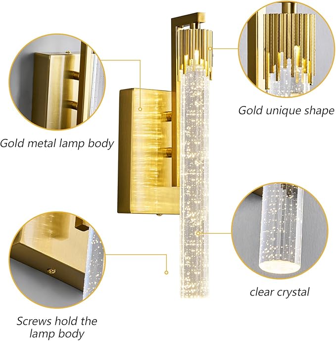 Gold LED Wall Sconce Set of Two with Bubble Crystal Stick Wall Light Modern Bathroom Vanity Light Fixture for Bedroom Bedside Hallway