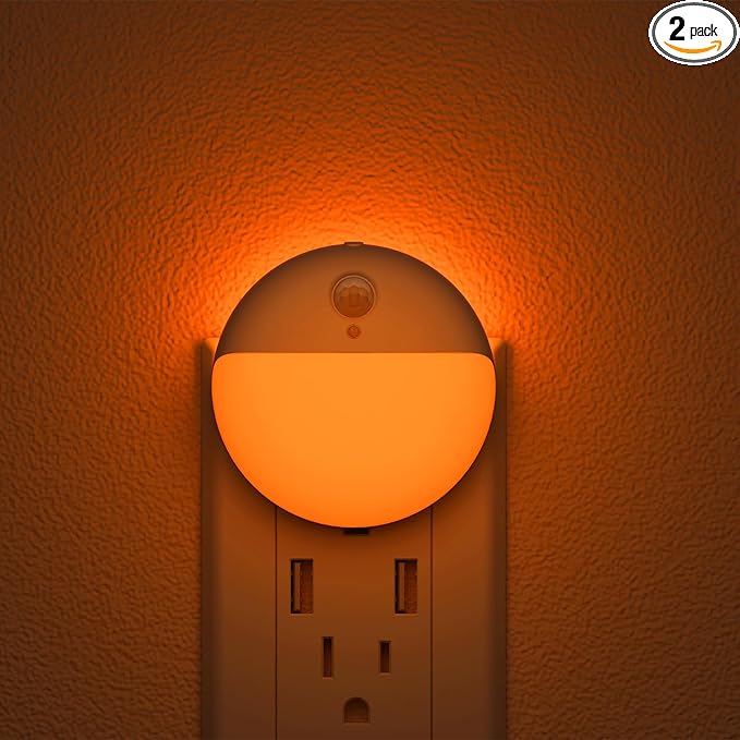 2 Pack Plug in Sleep Night Light with Motion Sensor and Dusk to Dawn Sensor, 3 Modes, Soft Glow, Stepless Dimming, LED Lights for Bedroom, Sleep, Baby Nursery, Kids, Toddler, Home Decor (Amber)