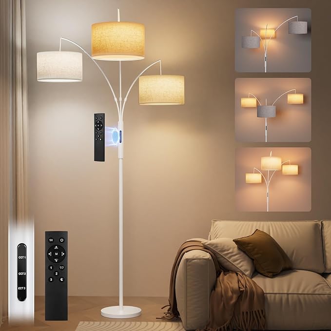 36W Dimmable Floor Lamp - 3 Lights Arc Floor Lamps Standing Lamp with Remote & Touch Control, Tall Lamp for Living Room Corner, Bedroom, Office