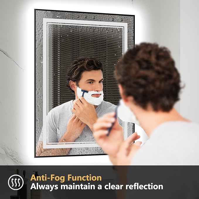 LED Bathroom Mirror with Front and Backlit 24"x36", Black Frame, Wall Mounted, Dual LED Strips, Fogless, Dimmable, 3 Color Changing, Shatterproof, Horizontal/Vertical