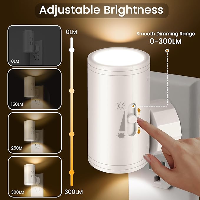 4 Pack LED Plug-in Wall Night Light with Dimmable 0-300 Lumens, 2700K Warm White, Auto On/Off Light Sensor & Adjustable Head for Hallway, Stairs, Bedroom