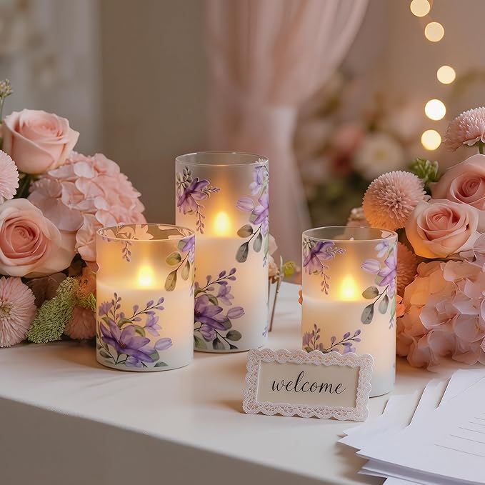 Pack of 3 Flameless Daily Timer Flickering Real Wax Pillar Candles, 3" x 4" 5" 6" LED Battery Operated Purple Flowers Glass Warm Light with Remote Control