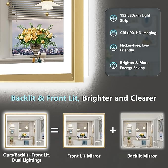 48x28 Gold Beveled LED Bathroom Mirror with Lights, Brushed Gold Framed Backlit and Front Lit Anti-Fog Lighted Vanity Mirrors for Bathroom Wall, Dimmable, 3 Colors, Memory, HD Tempered Glass