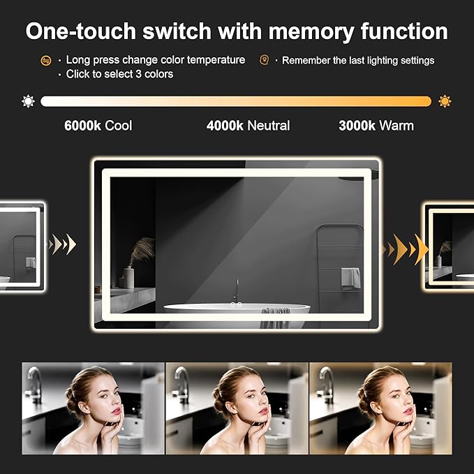 Led Mirror for Bathroom, 30x55 Bathroom Vanity Mirror for Wall with Light, IP54 Enhanced Anti-Fog, Dimmable 3 Colors, Memory Function, Backlit and Front Lit, Shatter-Proof Glass, Plug-in/Hardwired