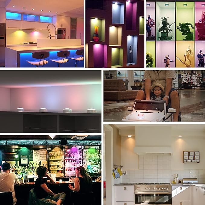 LED Puck Lights with Remote Control, 50lm RGBW Color Changing Closet Battery Light, 13 Colors Stick-on Under Cabinet Lighting, with Dimmable Function, 6 Pack