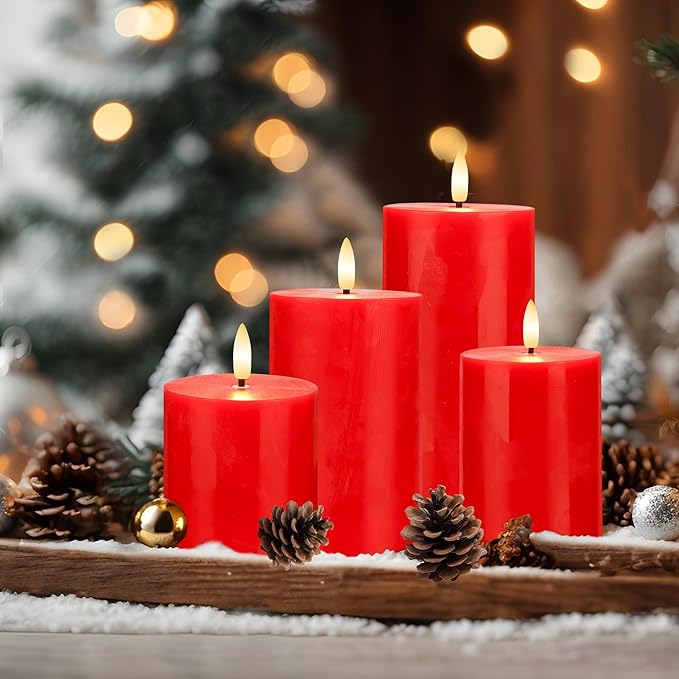 Red Flameless Pillar Candles, Battery Operated Wax Candles with Remote, Flat Top Flickering Christmas LED Candle Decorations for Xmas, Home, Party Decor, Set of 4