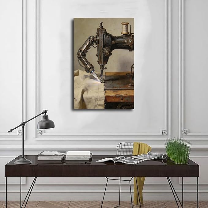 Framed Steampunk Mechanical Sewing Machine Wall Art - Retro Industrial Workshop Poster for Home Office Studio Decor 16x24inch(40x60cm)