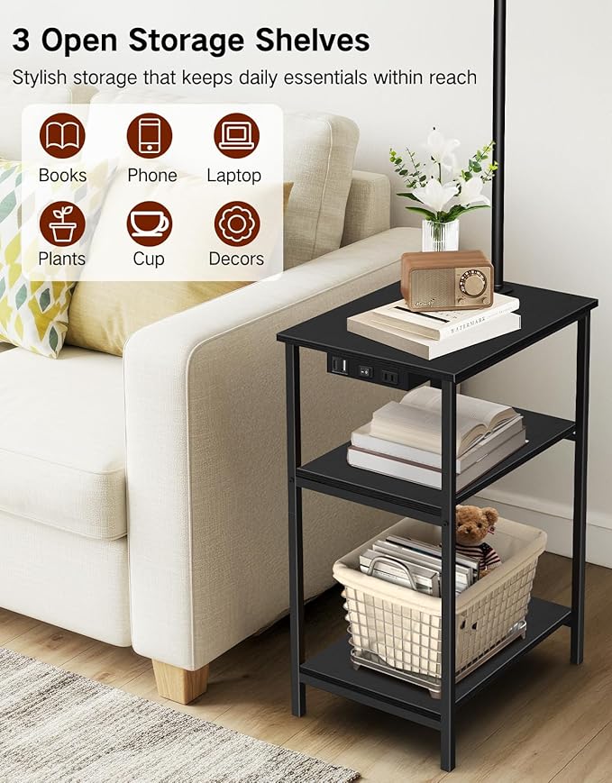 Floor Lamp with Table & Rattan Shade, Side End Table with Charging Station, Dimmable Nightstand with 3 Color Temperatures, 1-Hour Timer, 12W LED Bulb, for Living Room, Bedroom(Black)
